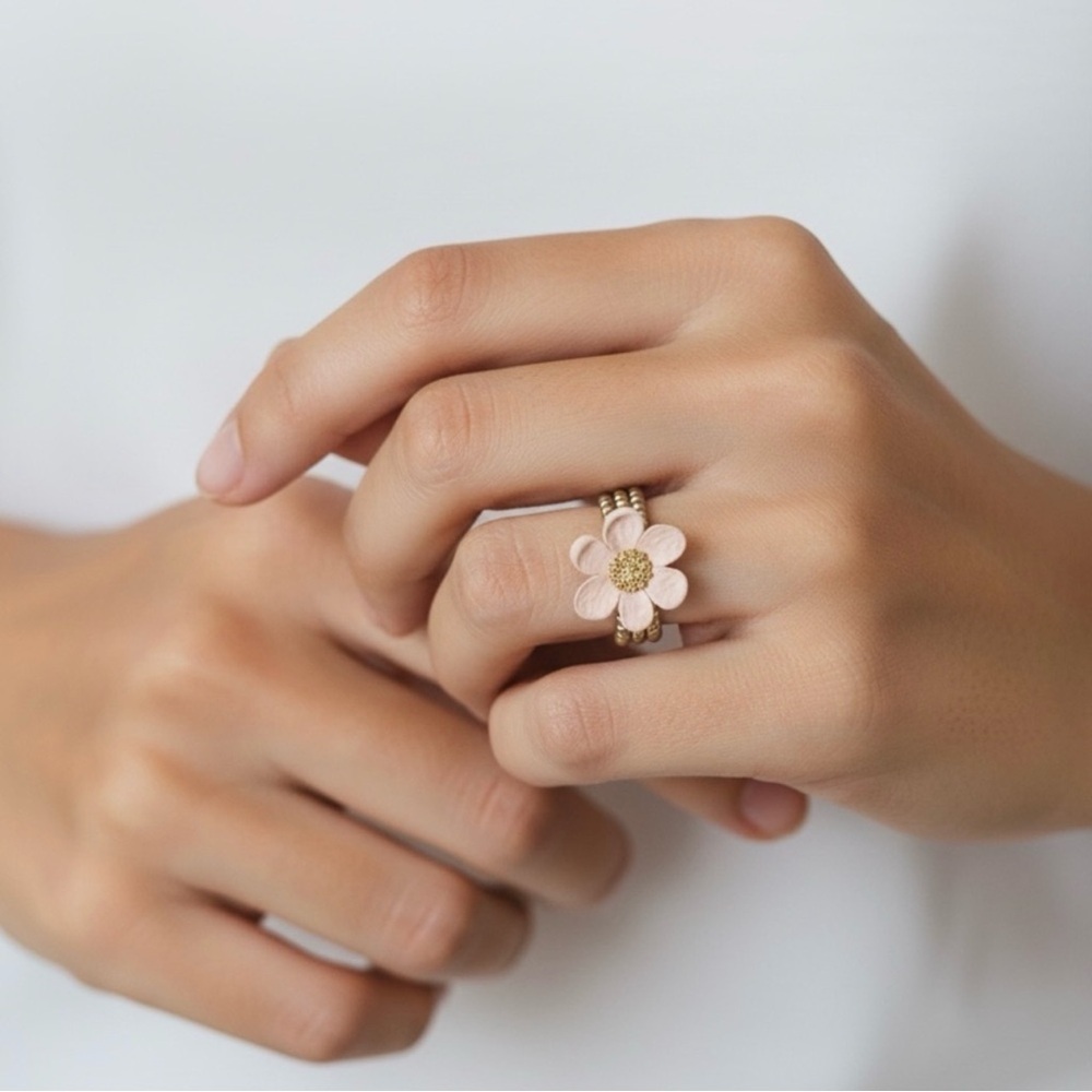 Pink Gold Flower Adjustable Ring Whimsical Cottagecore Boho Fairycore Romantic